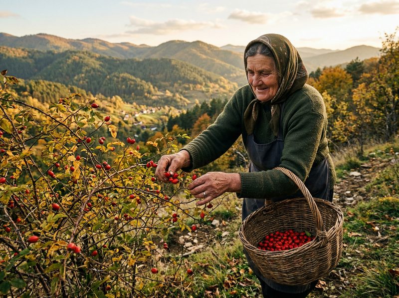 Local collector hand-harvesting rosehips in Serbia's Sandžak forests