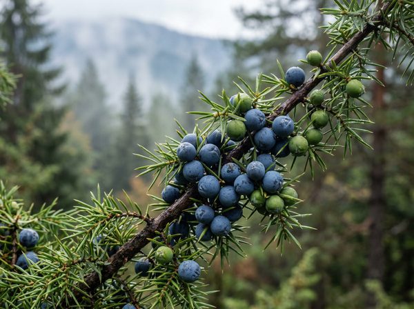 Fresh juniper berries on a branch in the wild